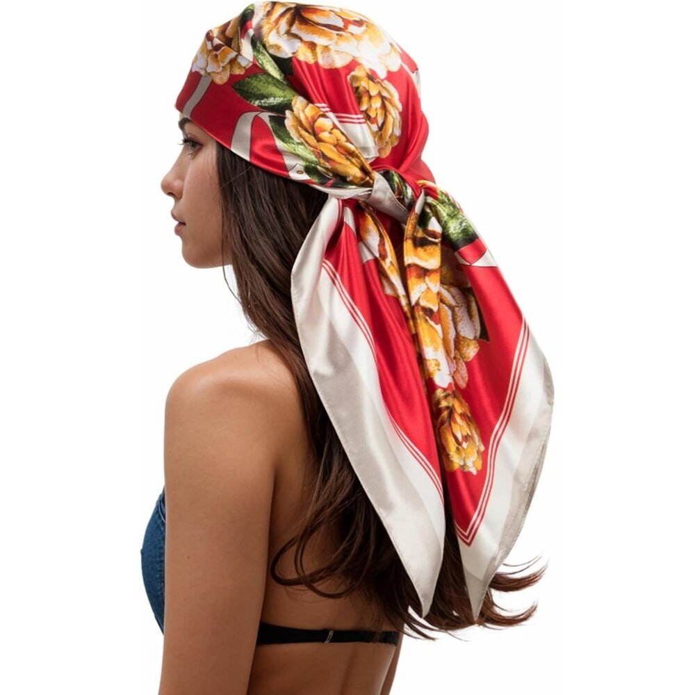 Women's Red/Beige Head Scarf Like Silk Printed Square Hair Bandanas 35 Inches